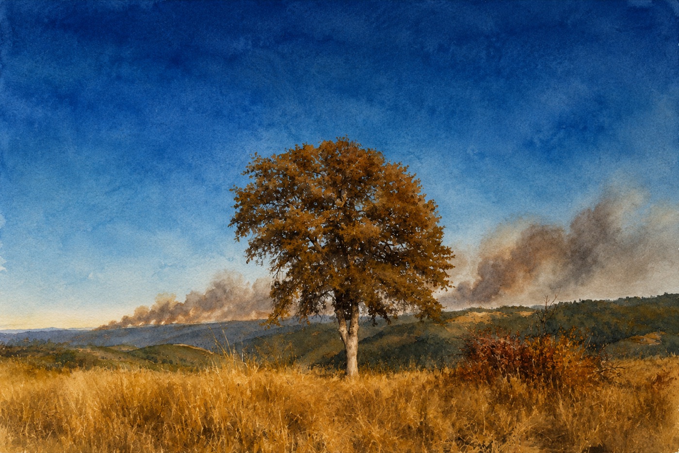 Watercolour of a lone oak on a hillside of cured golden grass, with a line of smoke rising from a fire running along the ridge behind it under a clear blue sky.