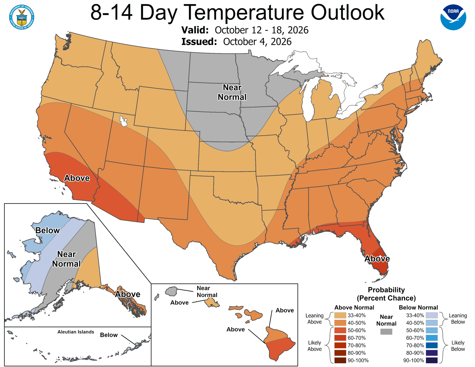 NOAA Climate Prediction Center 8-14 day temperature outlook valid 12 to 18 October 2026, showing California and the Southwest shaded in the 50 to 60 percent likely-above-normal category, with Hawaii's Big Island, Maui and Oahu also leaning above normal and Kauai near normal.