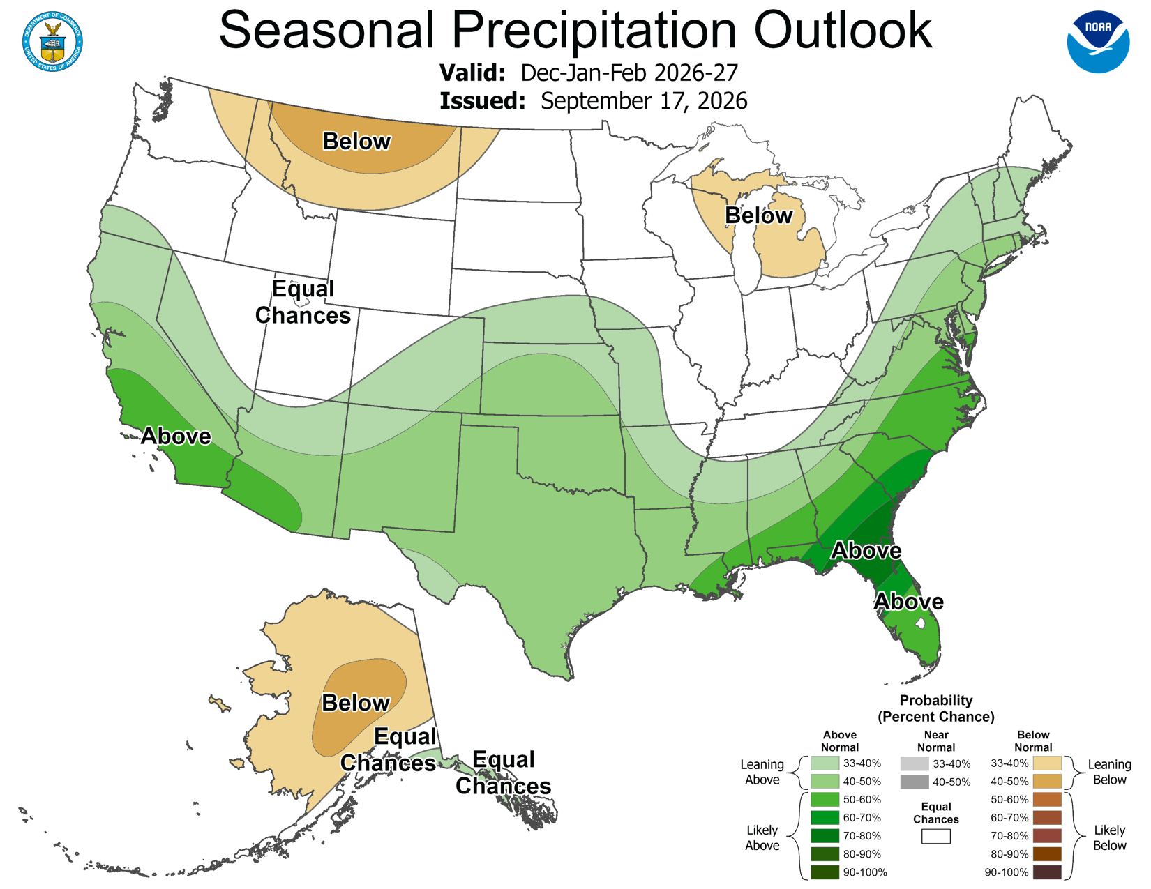 NOAA Climate Prediction Center seasonal precipitation outlook for December, January and February 2026-27, showing the strongest above-normal signal in the country over Southern California and the Southwest, with lighter above-normal odds across the southern tier and below-normal odds over the northern Rockies.